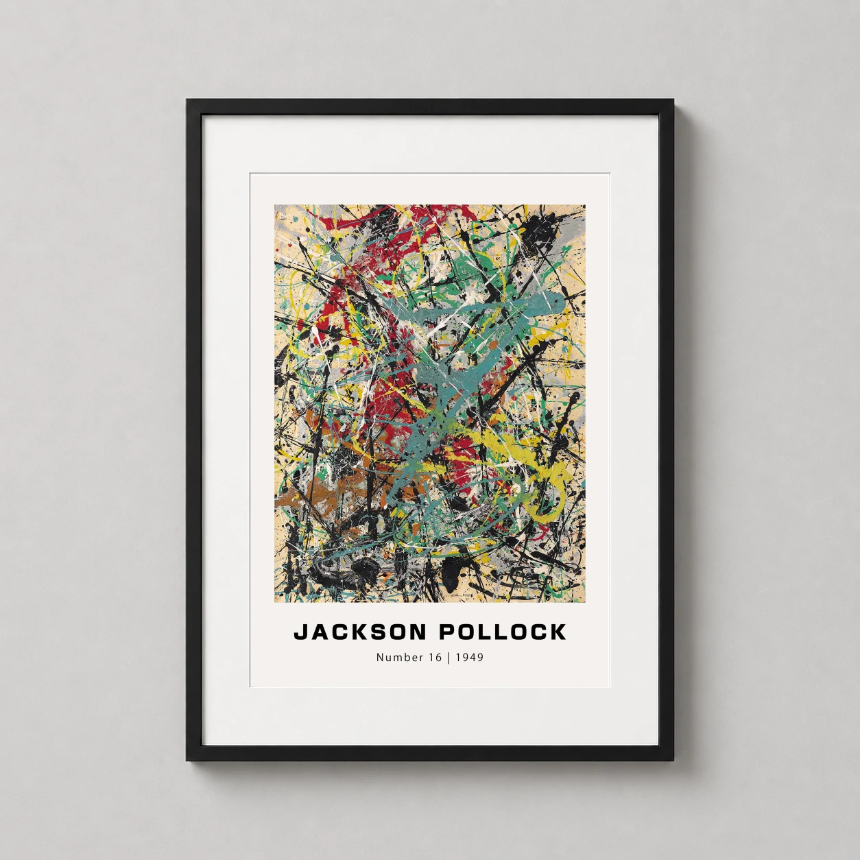 Room mockup of Jackson Pollock Number 16, 1949 Abstract Expressionist Art Print, displayed as framed wall art in a living room setting as a portrait print with teal, yellow, and red tones.