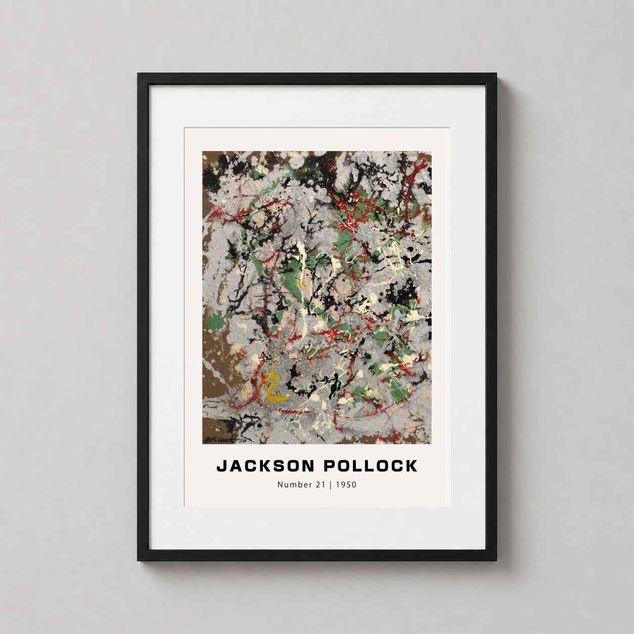 Room mockup of Jackson Pollock Number 21, 1950 Abstract Expressionist Art Print, displayed as framed wall art in a living room setting as a portrait print with green, red, and black tones.