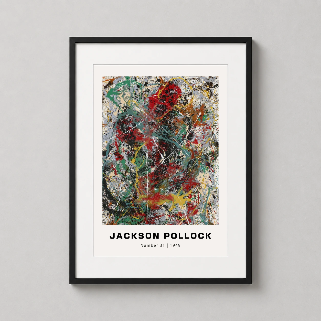 Room mockup of Jackson Pollock Number 31 1949 Abstract Expressionist Art Print, displayed as framed wall art in a living room setting as a portrait print with green, red, and black tones.