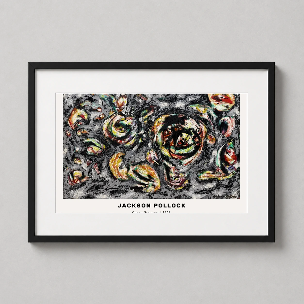 Room mockup of Ocean Greyness 1953, Jackson Pollock Abstract Expressionist Print, displayed as framed wall art in a living room setting as a landscape print with red, grey, and black tones.