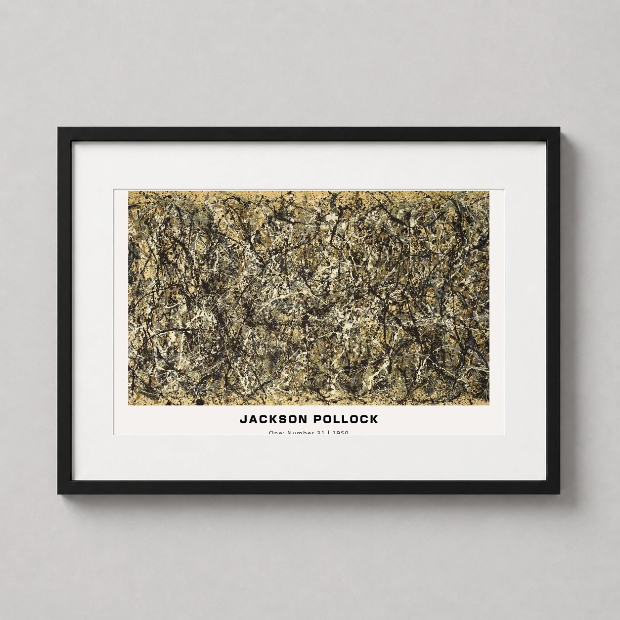 Room mockup of Jackson Pollock One: Number 31, 1950 Expressionist Art Print, displayed as framed wall art in a living room setting as a landscape print with brown, black, and white tones.