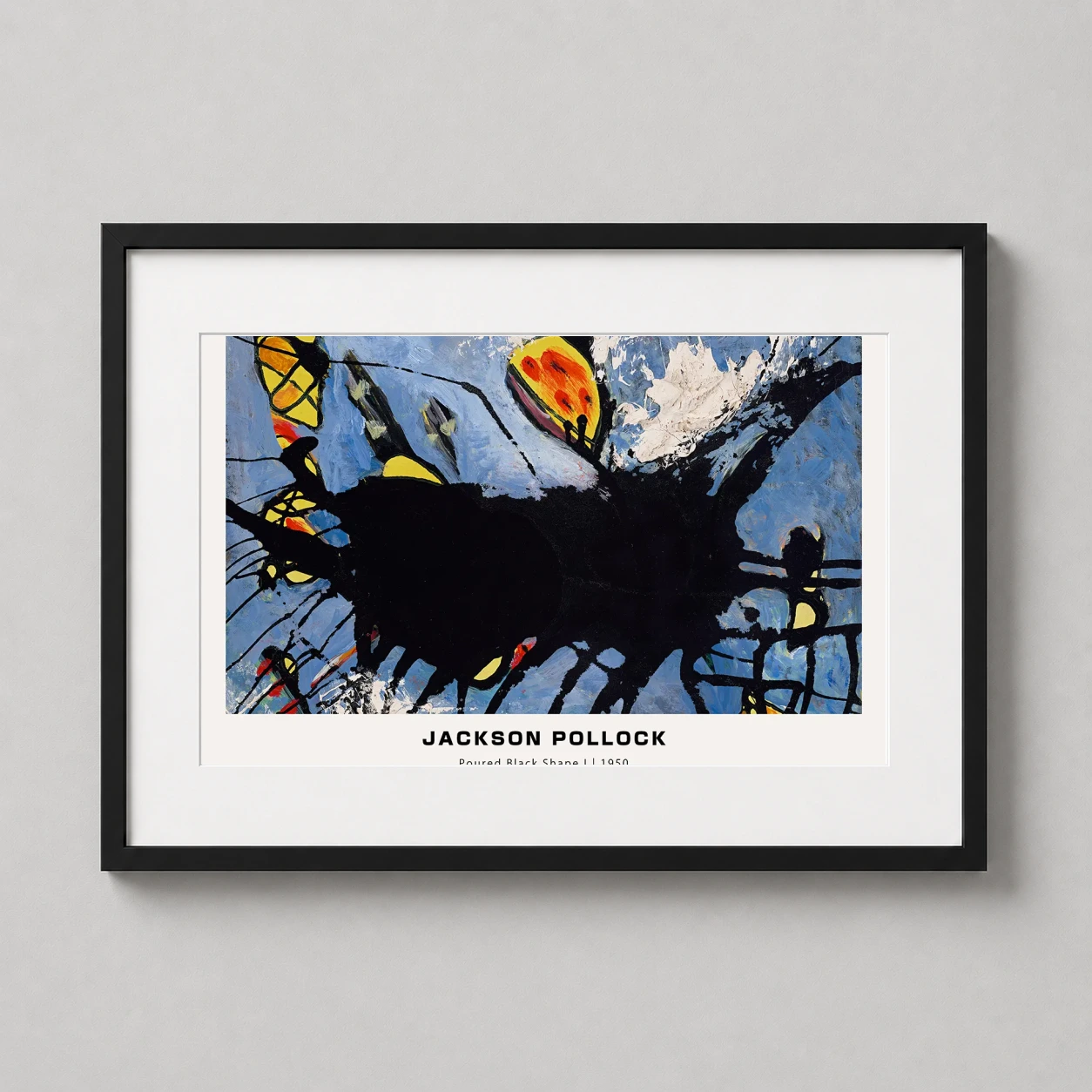 Room mockup of Jackson Pollock Poured Black Shape I 1950 Abstract Art Print, displayed as framed wall art in a living room setting as a landscape print with blue, yellow, and black tones.