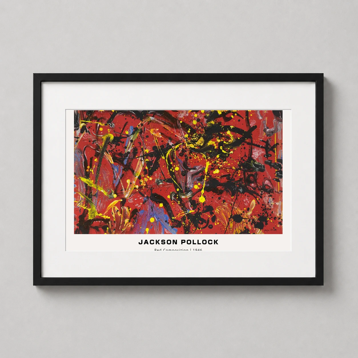 Room mockup of Jackson Pollock Red Composition 1946 Abstract Expressionist Art Print, displayed as framed wall art in a living room setting as a landscape print with yellow, red, and black tones.