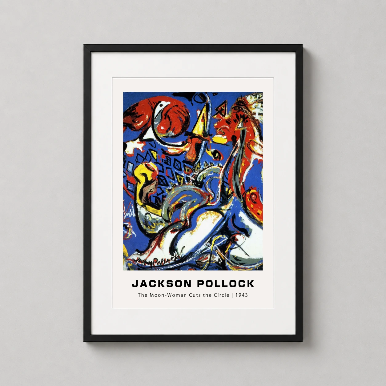 Room mockup of Jackson Pollock The Moon-Woman Cuts the Circle 1943 Art Print, displayed as framed wall art in a living room setting as a portrait print with red and black tones.