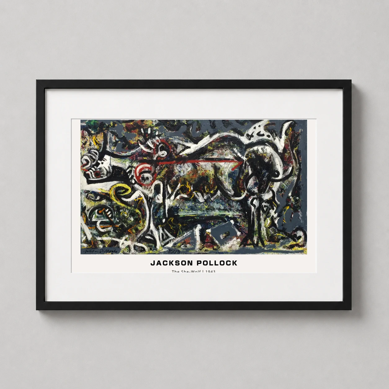Room mockup of Jackson Pollock The She-Wolf 1943 Abstract Expressionist Art Print, displayed as framed wall art in a bedroom setting as a landscape print with blue and black tones.