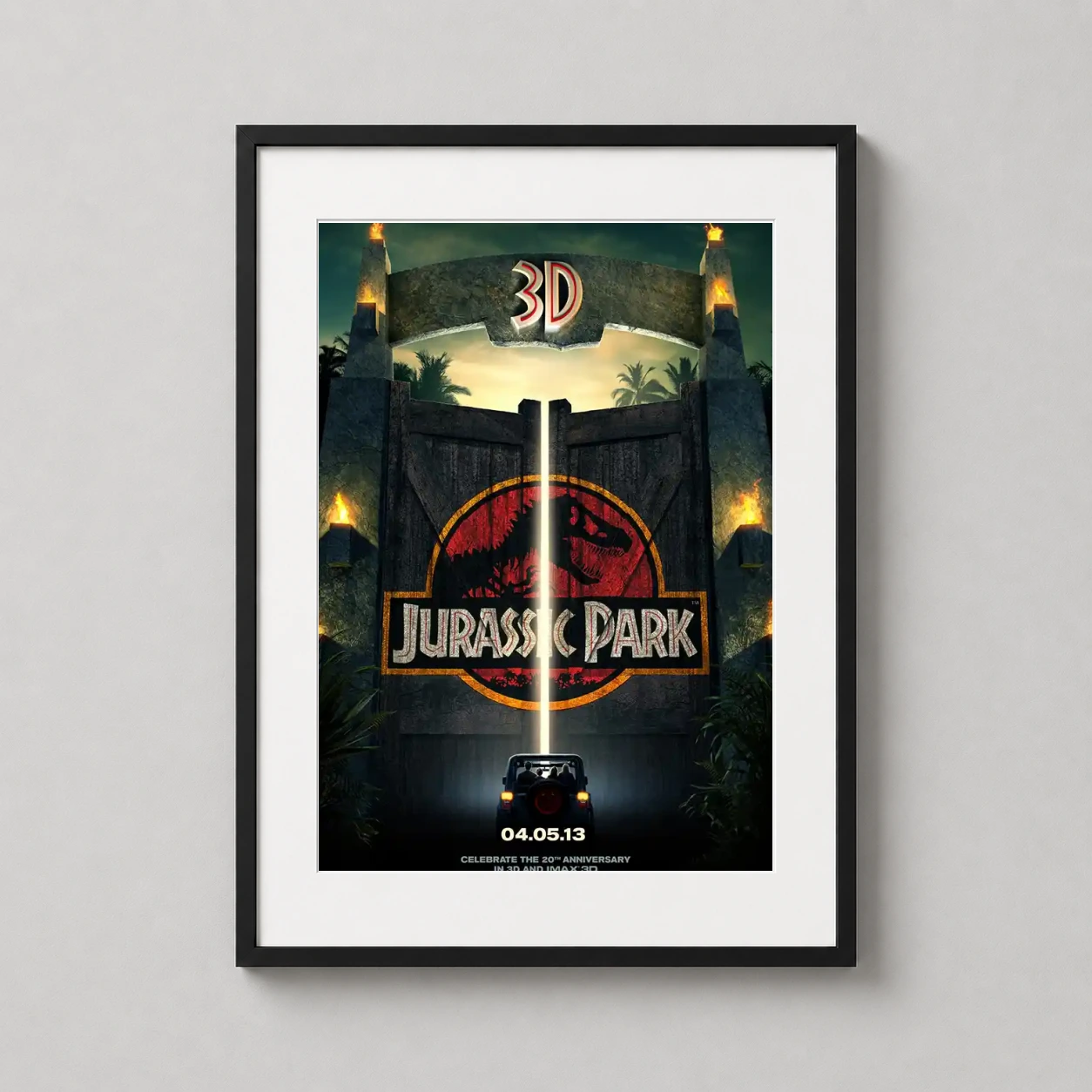 Jurassic Park Anniversary Gates — high-contrast theatrical art featuring the famed stone gates, torches