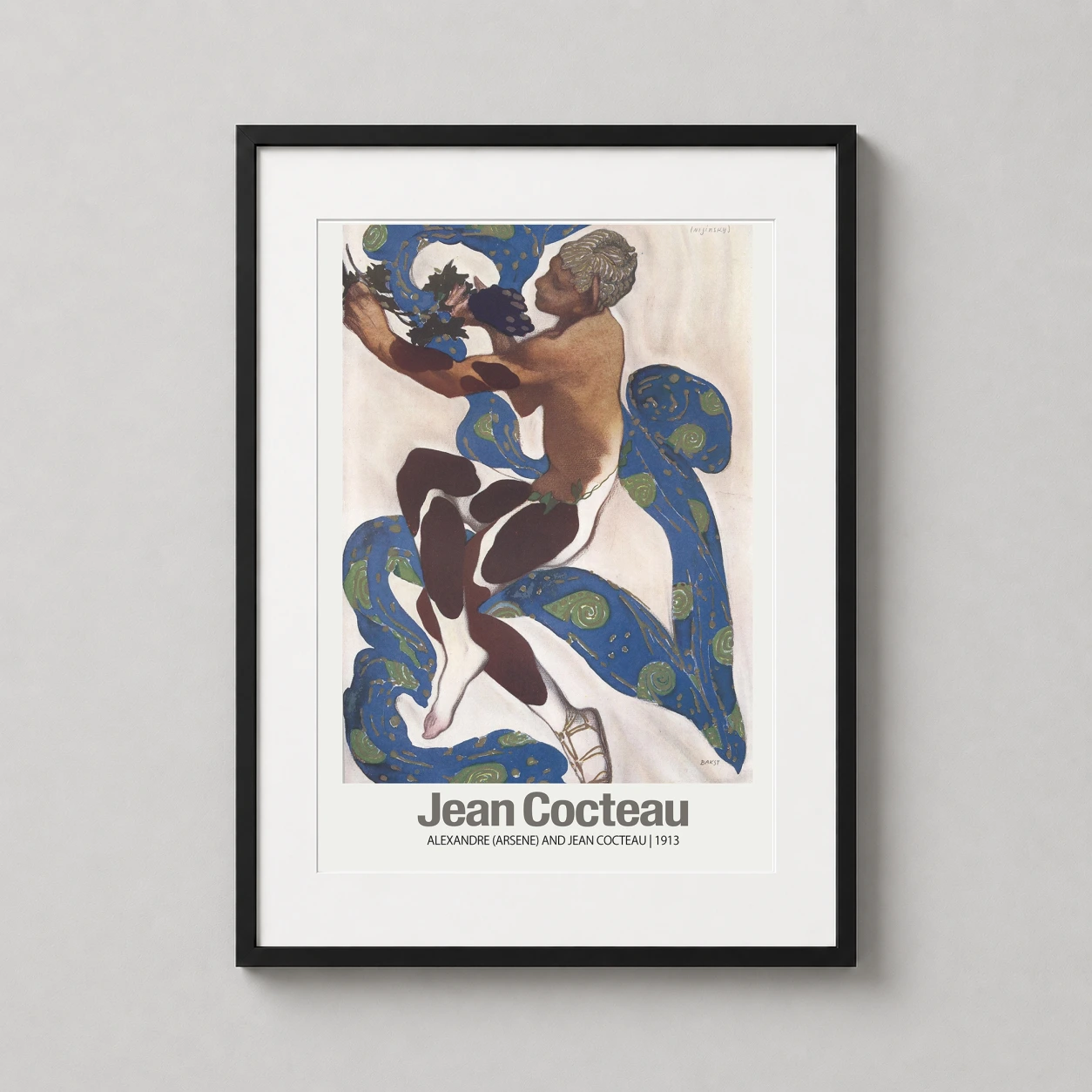 Room mockup of Jean Cocteau Alexandre Arsene 1913 Mythological Fine Art Print, displayed as framed wall art in a living room setting as a portrait print with blue and green tones.