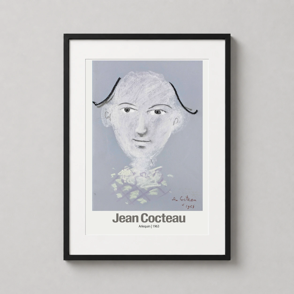 Room mockup of Jean Cocteau Arlequin 1963 Modernist Portrait Art Print, displayed as framed wall art in a living room setting as a portrait print with purple and grey tones.