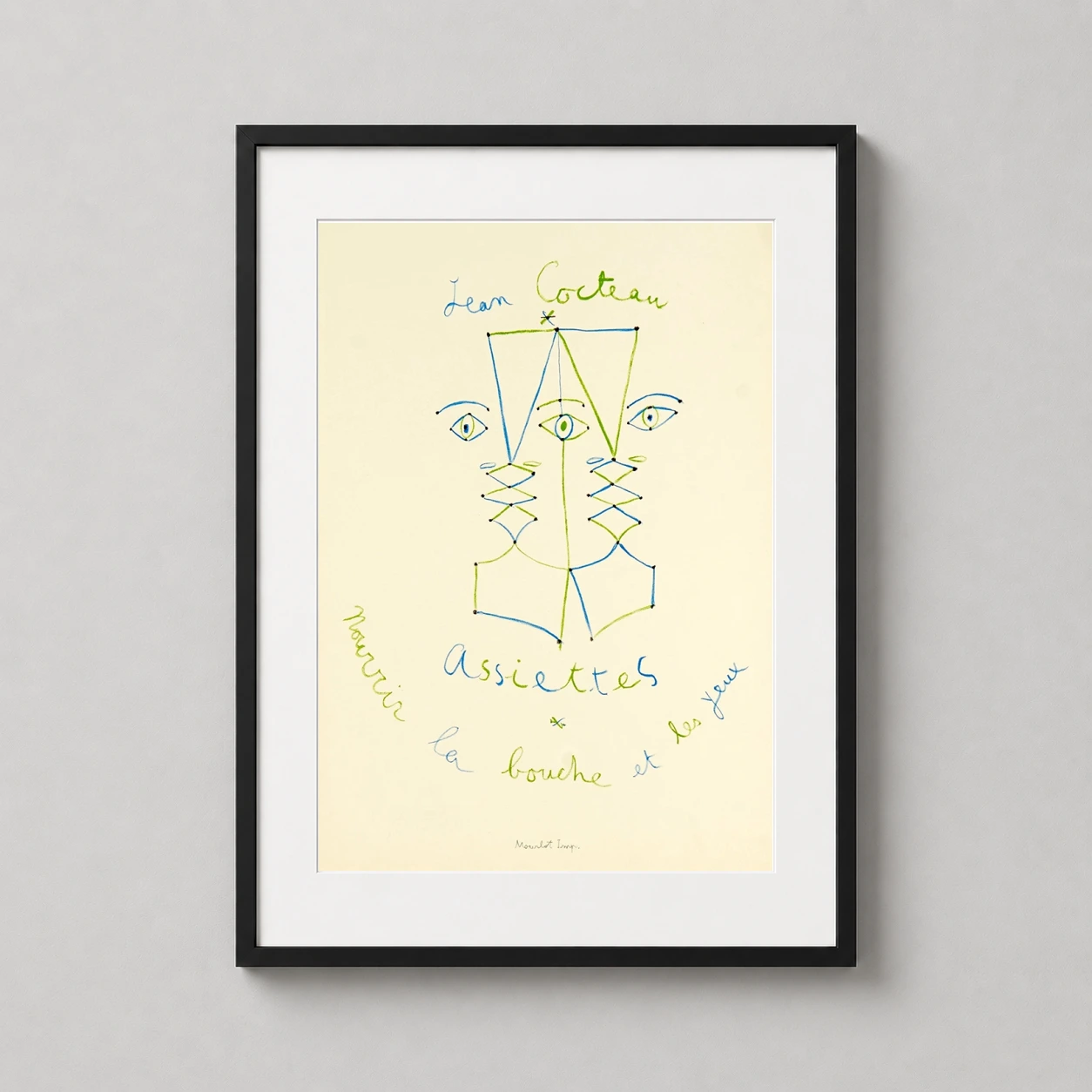 Room mockup of Jean Cocteau Nourrir la Bouche et les Yeux 1957 Exhibition Poster, displayed as framed wall art in a living room setting as a portrait print with blue and green tones.
