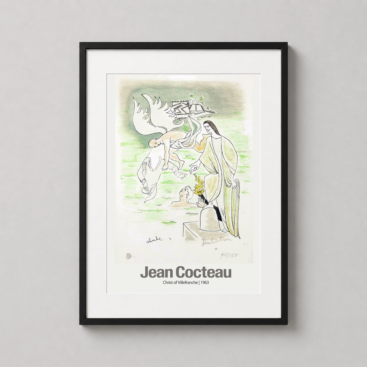 Room mockup of Jean Cocteau, Christ of Villefranche 1963 Surrealist Art Print, displayed as framed wall art in a living room setting as a portrait print with green and yellow tones.