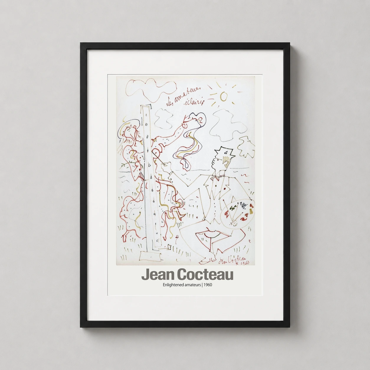 Room mockup of Jean Cocteau Enlightened Amateurs 1960 Modern Art Print, displayed as framed wall art in a living room setting as a portrait print with yellow, gold, and red tones.