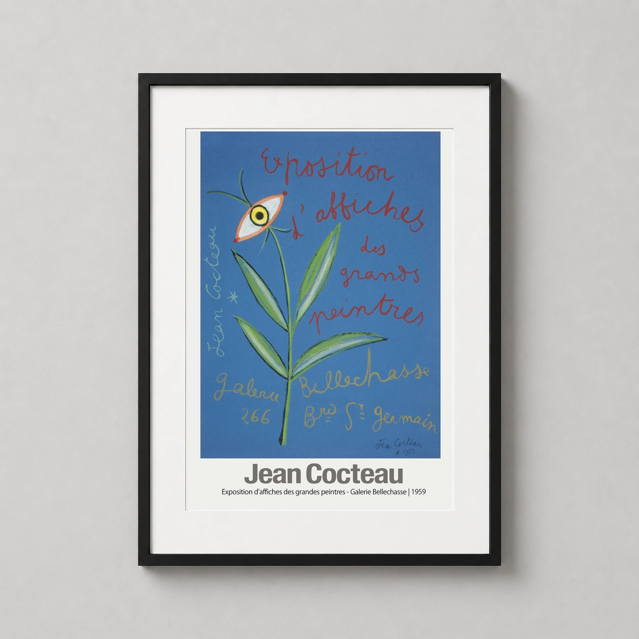 Room mockup of Jean Cocteau Galerie Bellechasse 1959 Surrealist Flower Art Print, displayed as framed wall art in a bedroom setting as a portrait print with blue, yellow, and red tones.