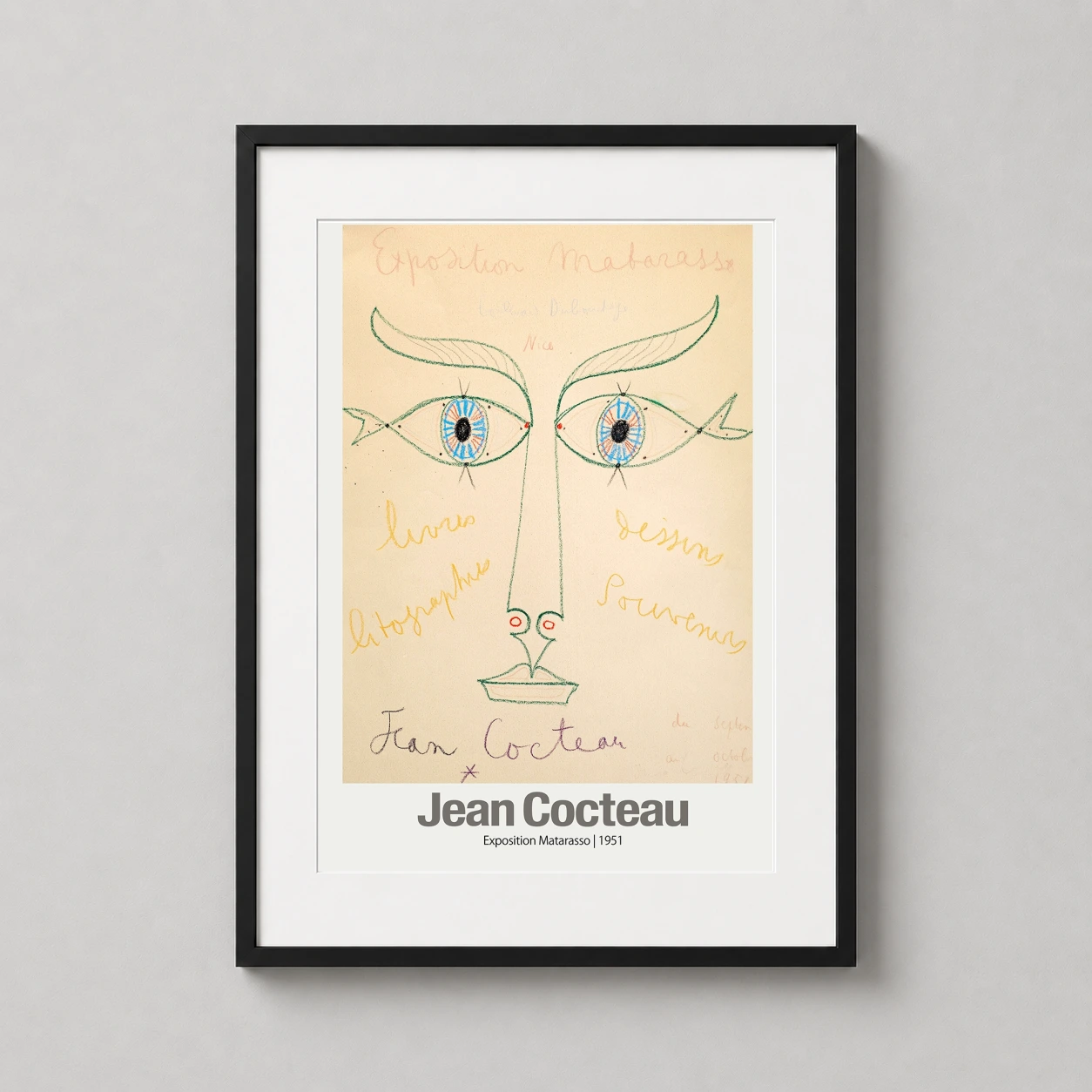 Room mockup of Jean Cocteau Exposition Matarasso 1951 Modern Art Print, displayed as framed wall art in a living room setting as a portrait print with yellow, gold, and beige tones.