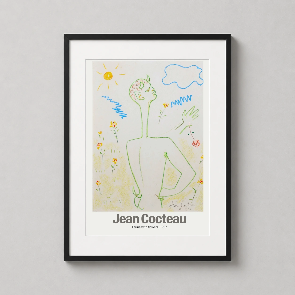 Room mockup of Jean Cocteau Fauna with Flowers 1957 Surrealist Art Print, displayed as framed wall art in a bedroom setting as a portrait print with blue, green, and yellow tones.