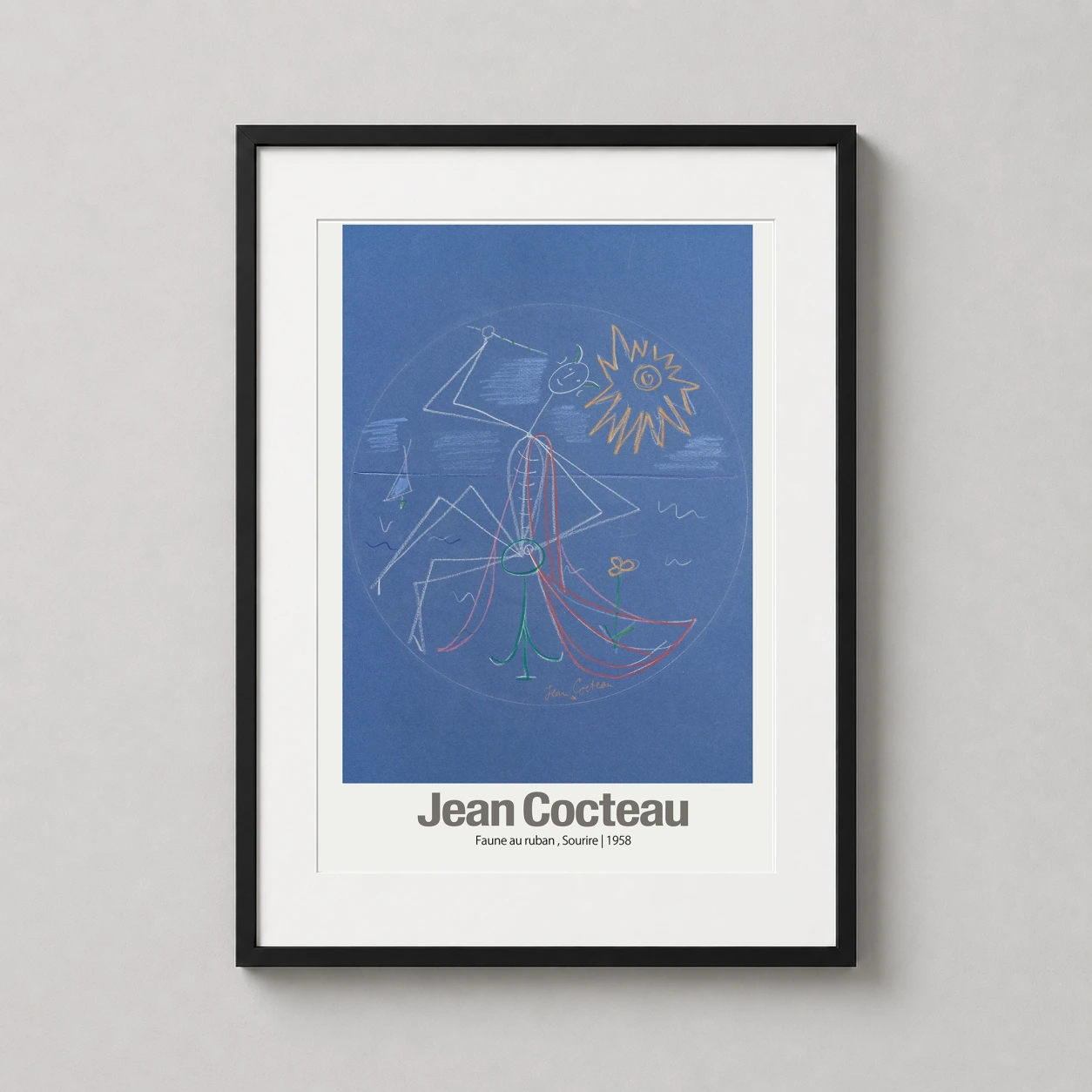 Room mockup of Jean Cocteau, Faune au ruban, Sourire 1958 Surrealist Art Print, displayed as framed wall art in a living room setting as a portrait print with blue and red tones.