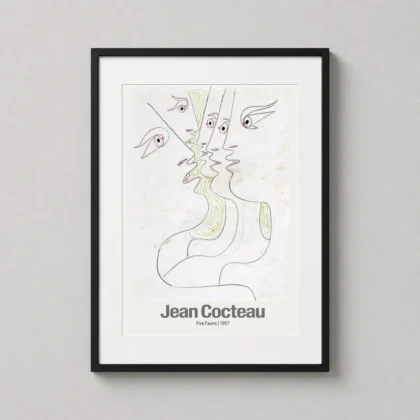 Jean Cocteau Five Fauns — minimalist surrealist sketch featuring five overlapping faun profiles