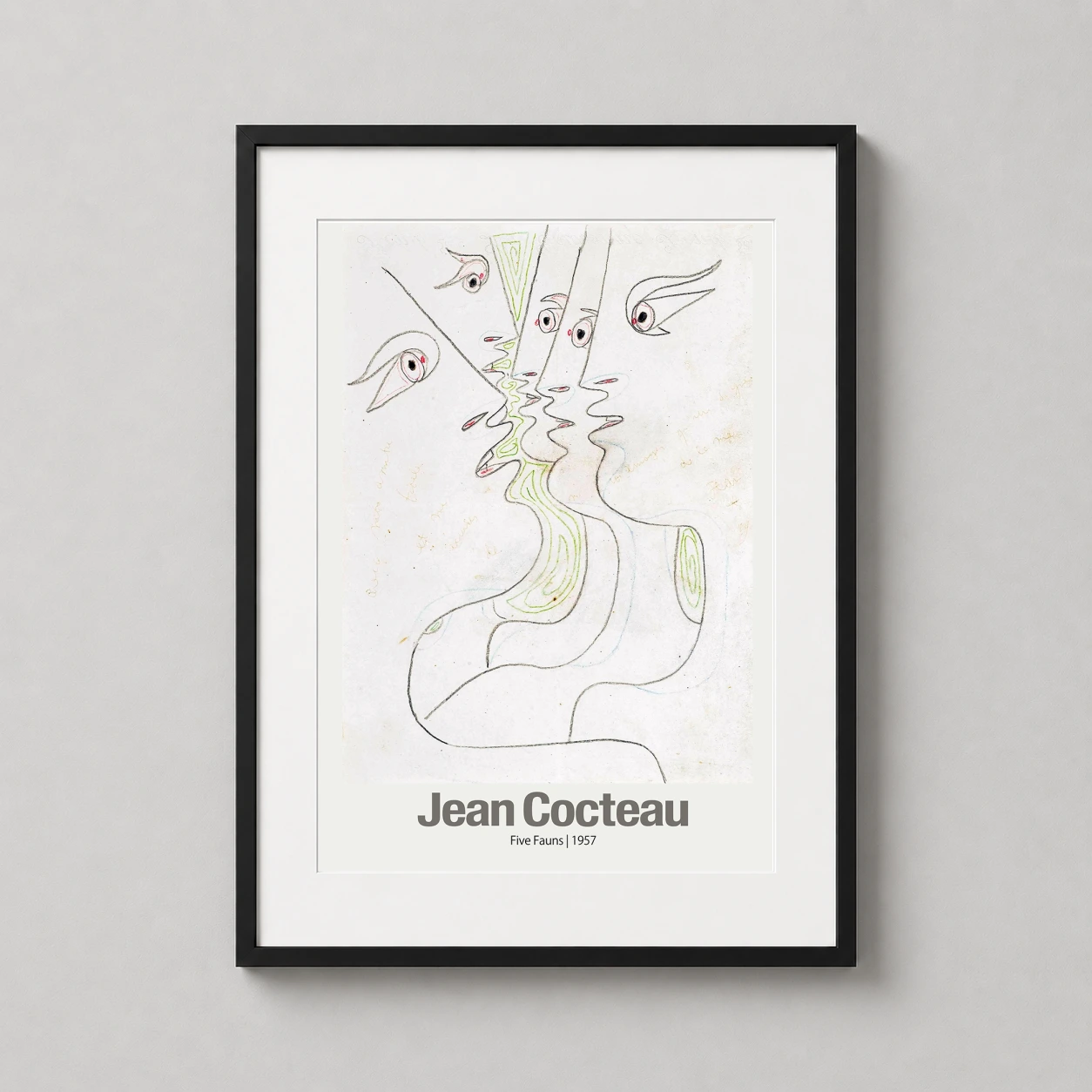 Room mockup of Jean Cocteau Five Fauns 1957 Surrealist Sketch Art Print, displayed as framed wall art in a living room setting as a portrait print with green and cream tones.
