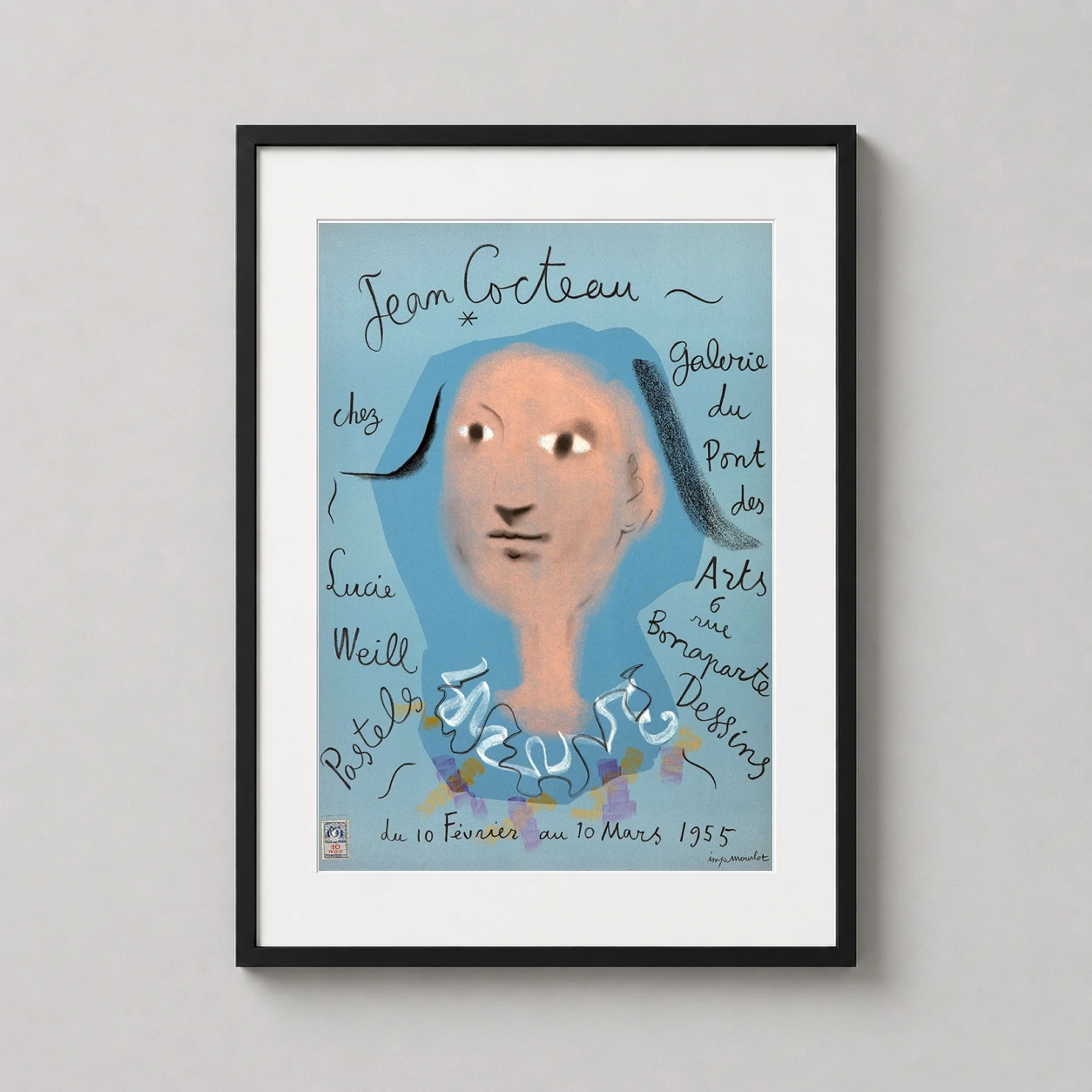 Room mockup of Jean Cocteau 1955 Lucie Weill Galerie du Pont des Arts Exhibition Poster, displayed as framed wall art in a living room setting as a portrait print with blue and pink tones.