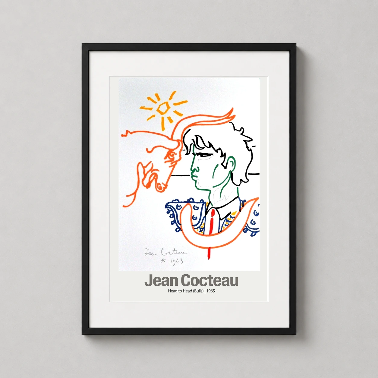 Room mockup of Jean Cocteau Head to Head Bulls 1965 Exhibition Art Print, displayed as framed wall art in a living room setting as a portrait print with green, yellow, and orange tones.