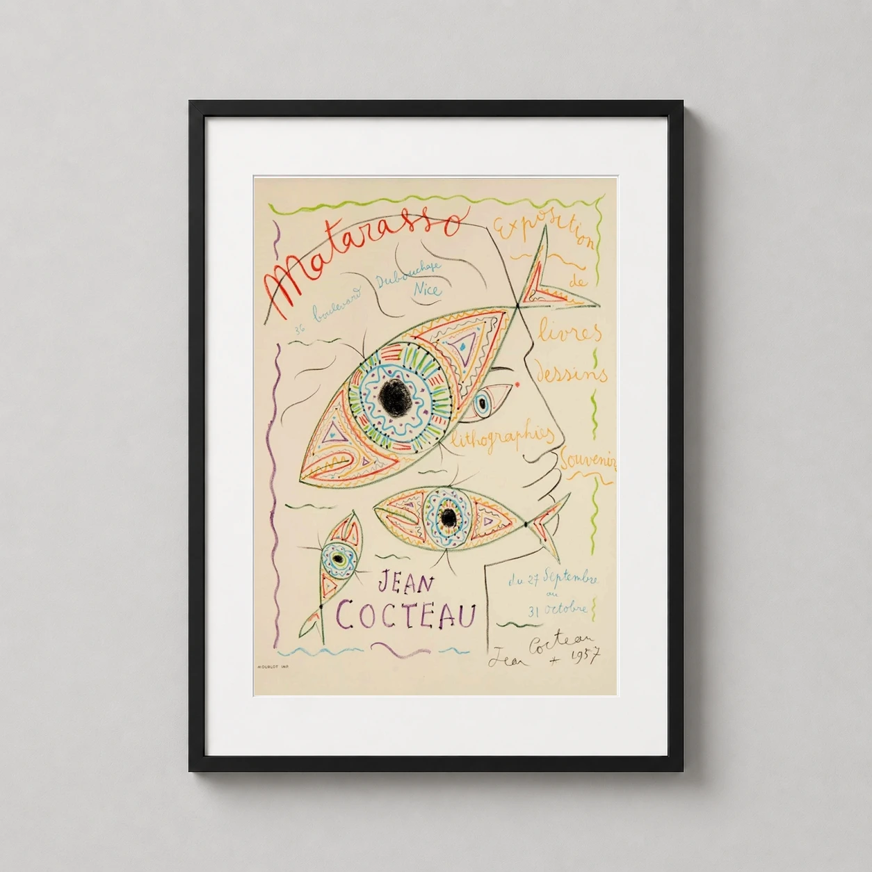 Room mockup of Jean Cocteau Matarasso Nice 1957 Vintage Exhibition Art Print, displayed as framed wall art in a living room setting as a portrait print with green tones.