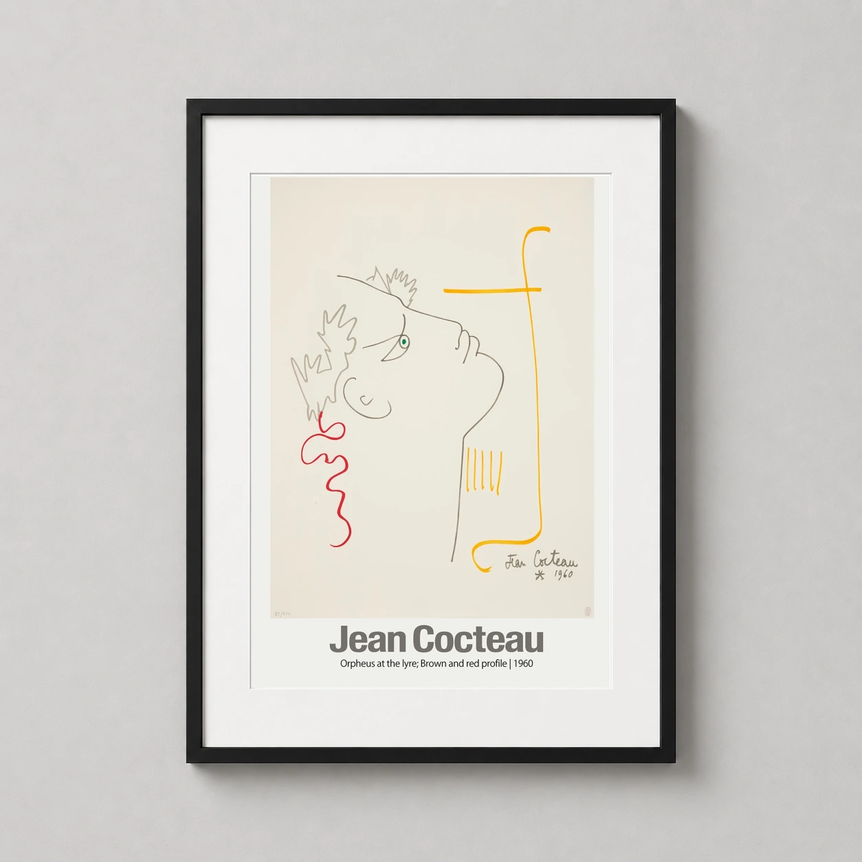Room mockup of Jean Cocteau Orpheus at the Lyre 1960 Line Drawing Art Print, displayed as framed wall art in a living room setting as a portrait print with red, brown, and cream tones.