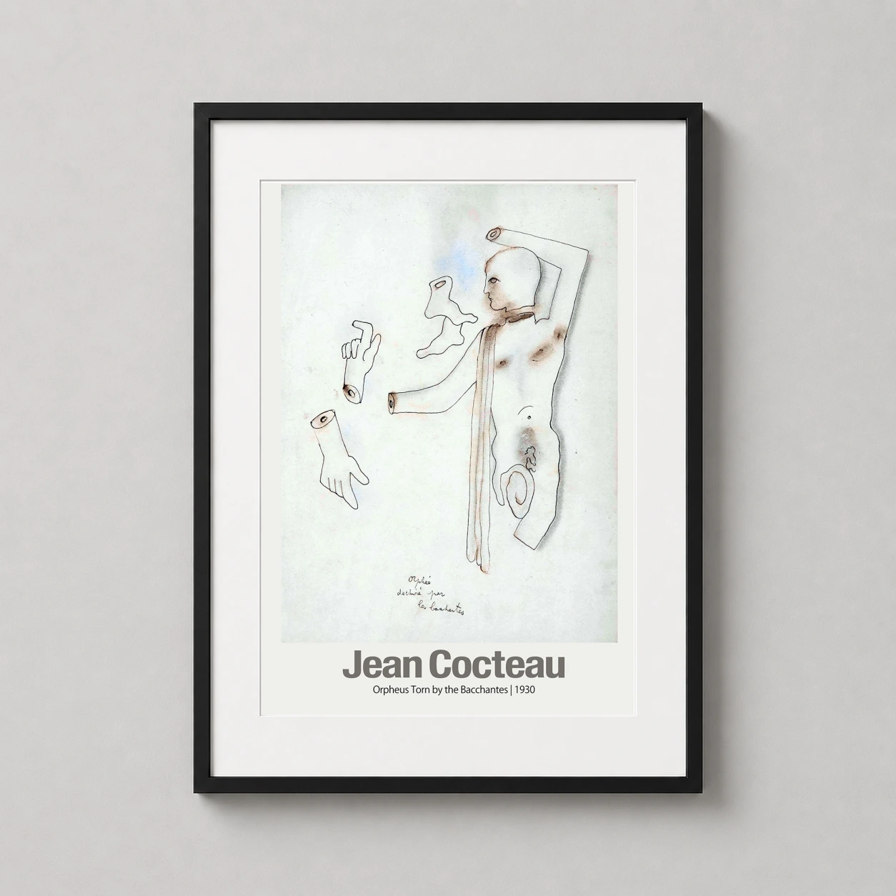 Room mockup of Orpheus Torn by the Bacchantes 1930 Jean Cocteau Art Print, displayed as framed wall art in a living room setting as a portrait print with blue and red tones.