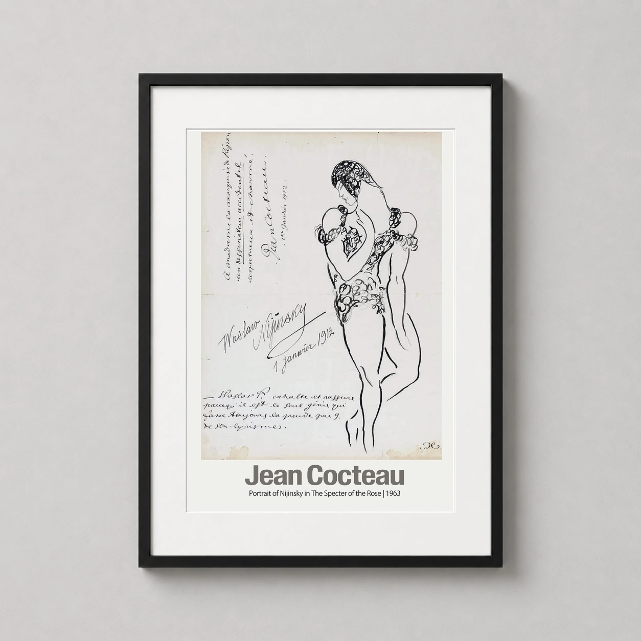 Room mockup of Jean Cocteau Portrait of Nijinsky Specter of the Rose Art Print, displayed as framed wall art in a bedroom setting as a portrait print with pink and black tones.