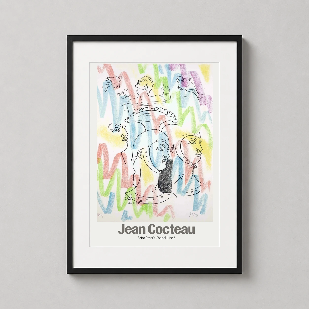 Room mockup of Jean Cocteau Saint Peter's Chapel 1963 Modernist Art Print, displayed as framed wall art in a living room setting as a portrait print with gold tones.