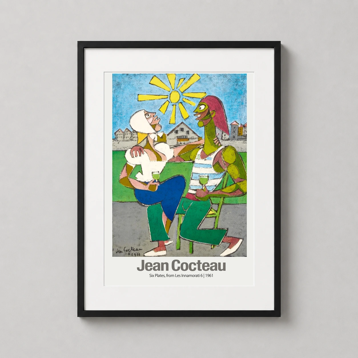 Room mockup of Jean Cocteau Les Innamorati 1961 Surrealist Lovers Art Print, displayed as framed wall art in a living room setting as a portrait print with blue and yellow tones.