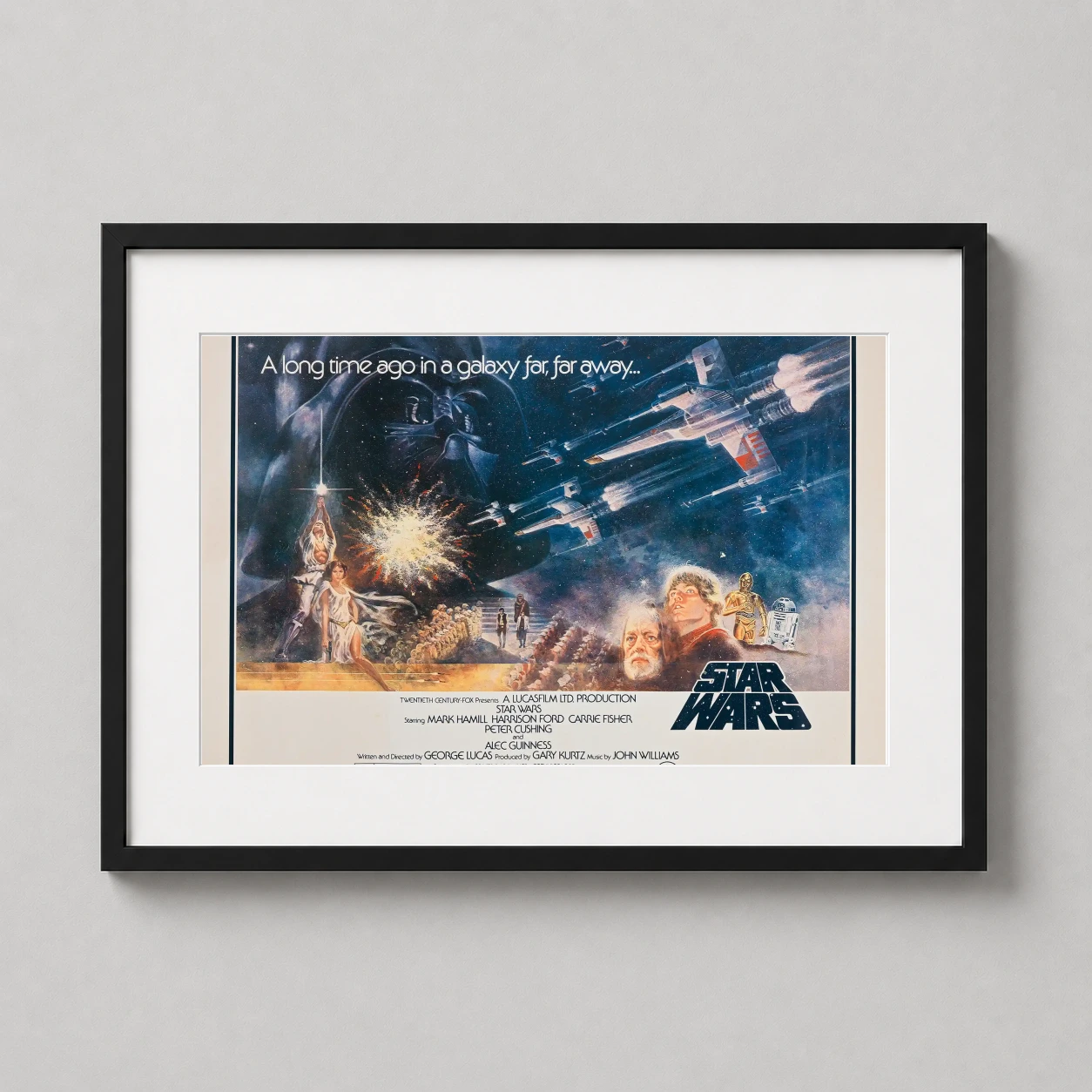 Room mockup of Star Wars Episode IV A New Hope 1977 Vintage Movie Poster, displayed as framed wall art in a home theater setting as a landscape print.