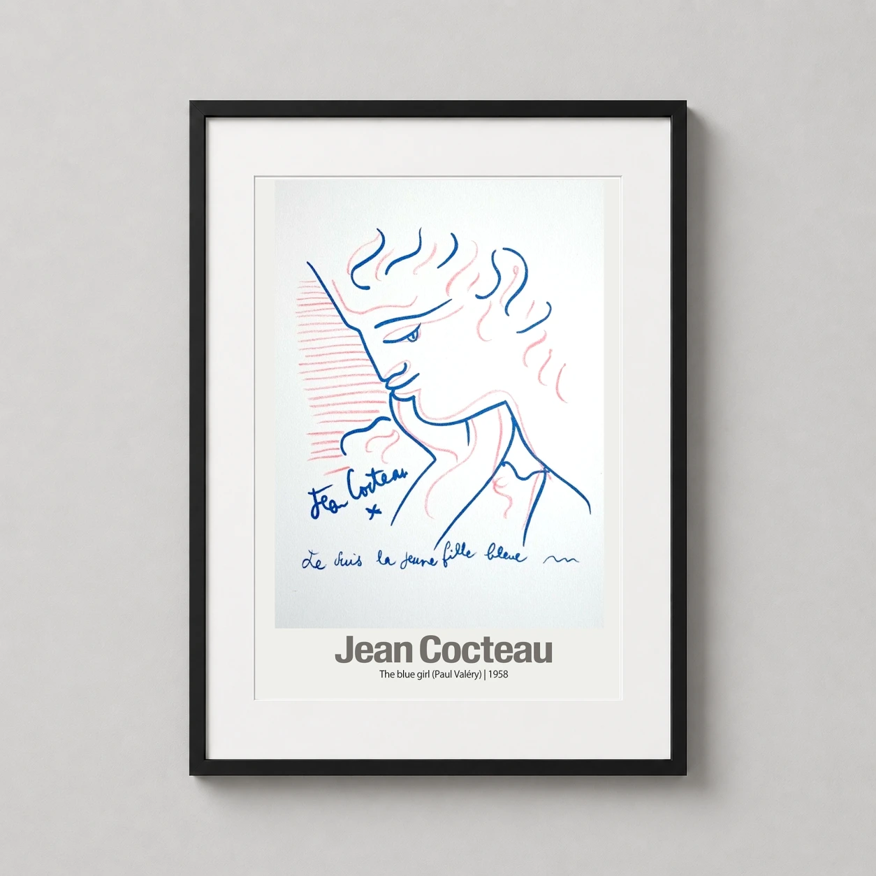 Room mockup of Jean Cocteau Blue Girl 1958, Paul Valéry Portrait Art Print, displayed as framed wall art in a living room setting as a portrait print with blue and pink tones.