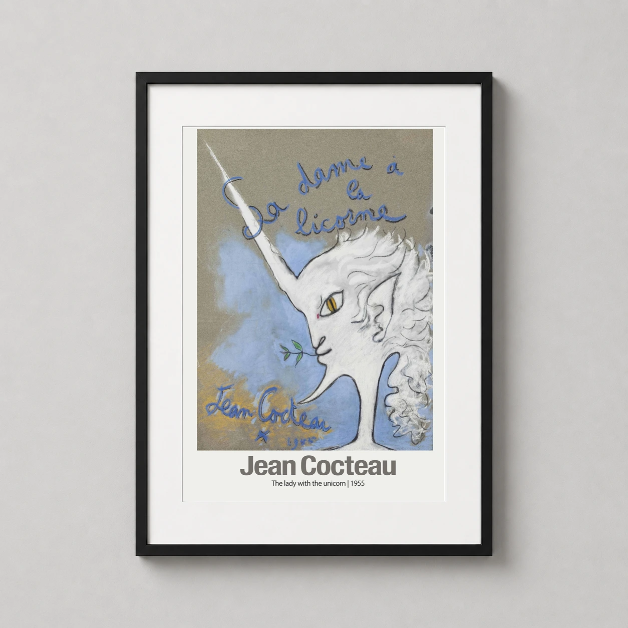 Room mockup of Jean Cocteau La Dame à la Licorne 1955 Sketch French Art Print, displayed as framed wall art in a living room setting as a portrait print with blue and yellow tones.