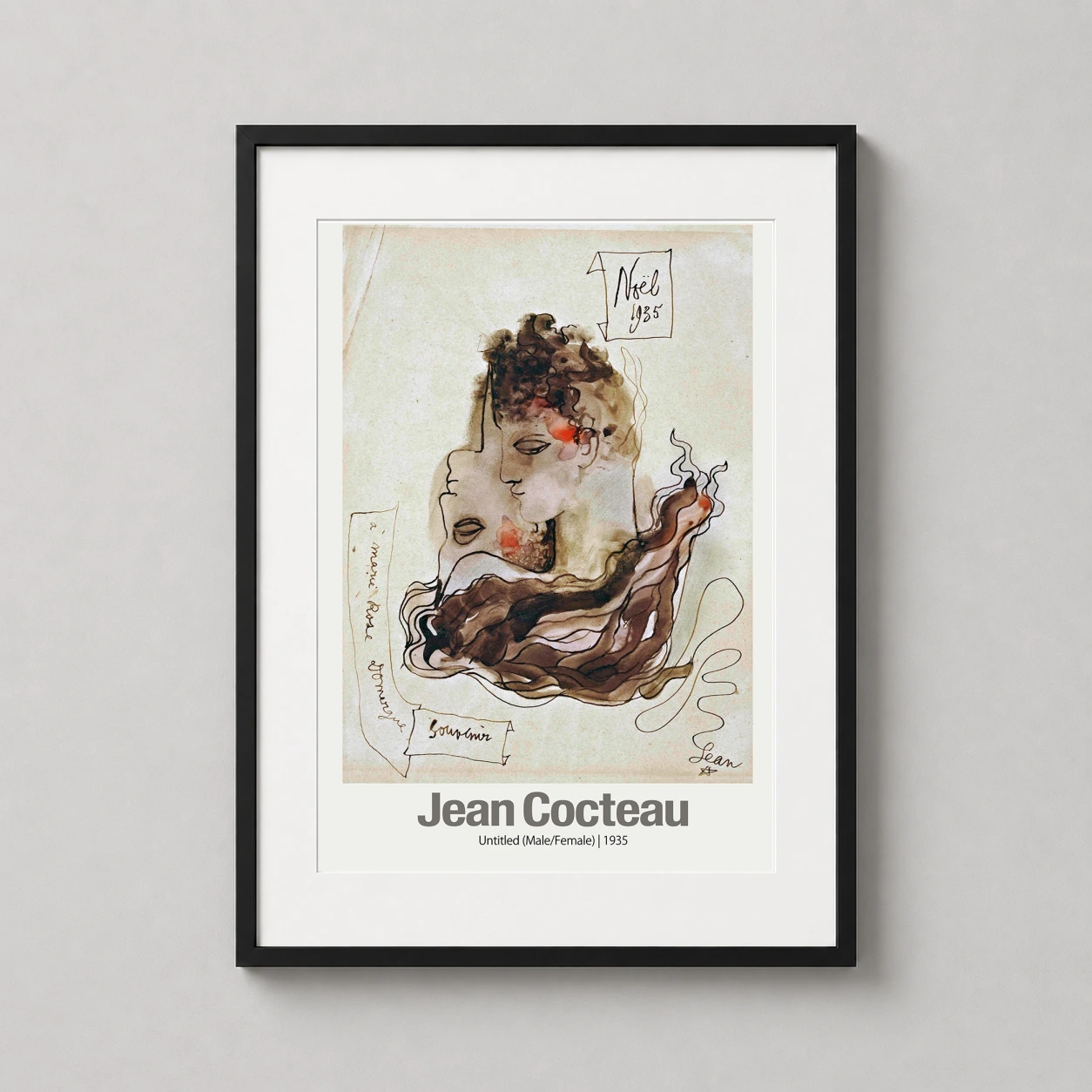 Room mockup of Jean Cocteau Untitled Male Female 1935 Vintage Art Print, displayed as framed wall art in a living room setting as a portrait print with pink tones.