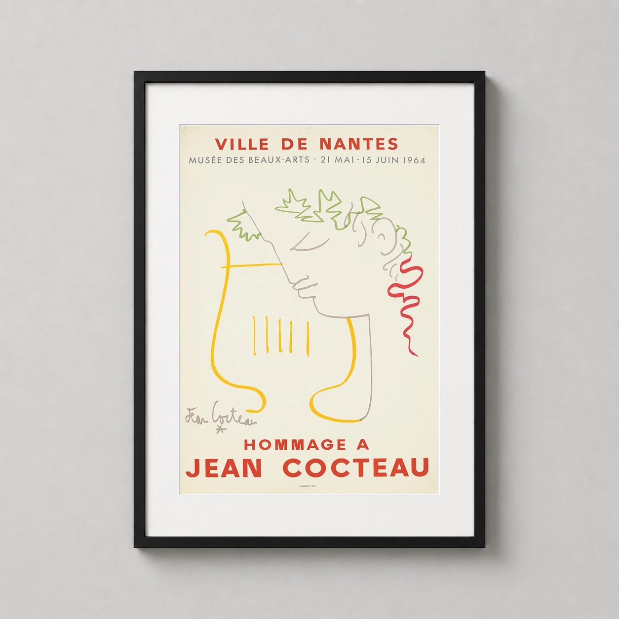 Room mockup of Jean Cocteau Ville de Nantes 1964 Exhibition Surrealist Wall Art Print, displayed as framed wall art in a living room setting as a portrait print with yellow, red, and cream tones.