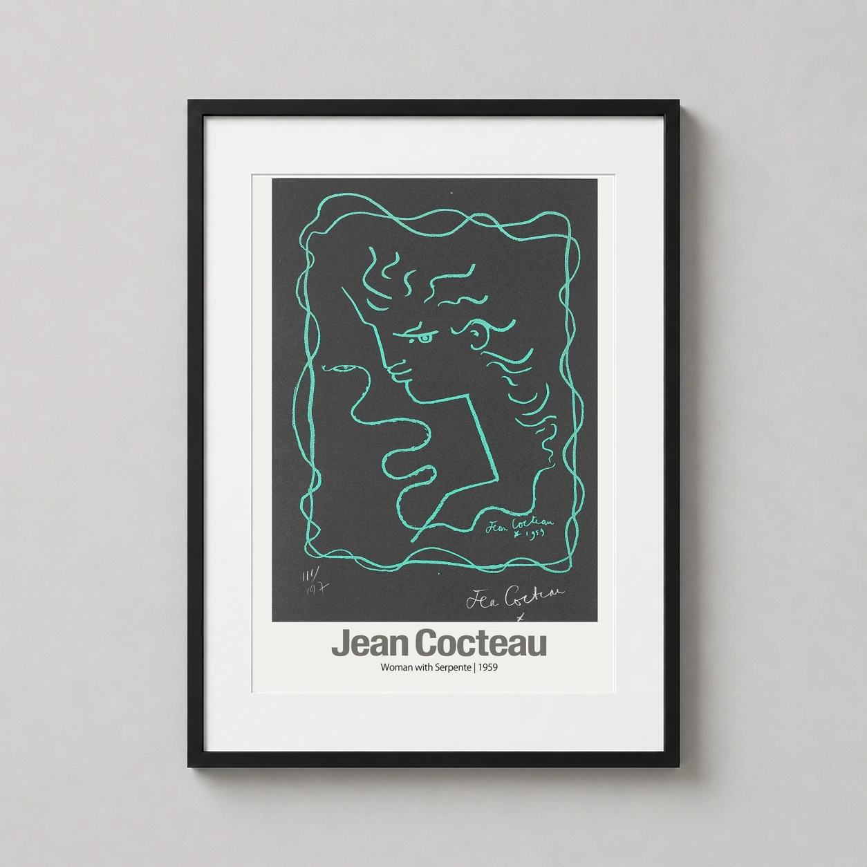 Room mockup of Jean Cocteau Woman with Serpente 1959 Surrealist Art Print, displayed as framed wall art in a living room setting as a portrait print with teal tones.