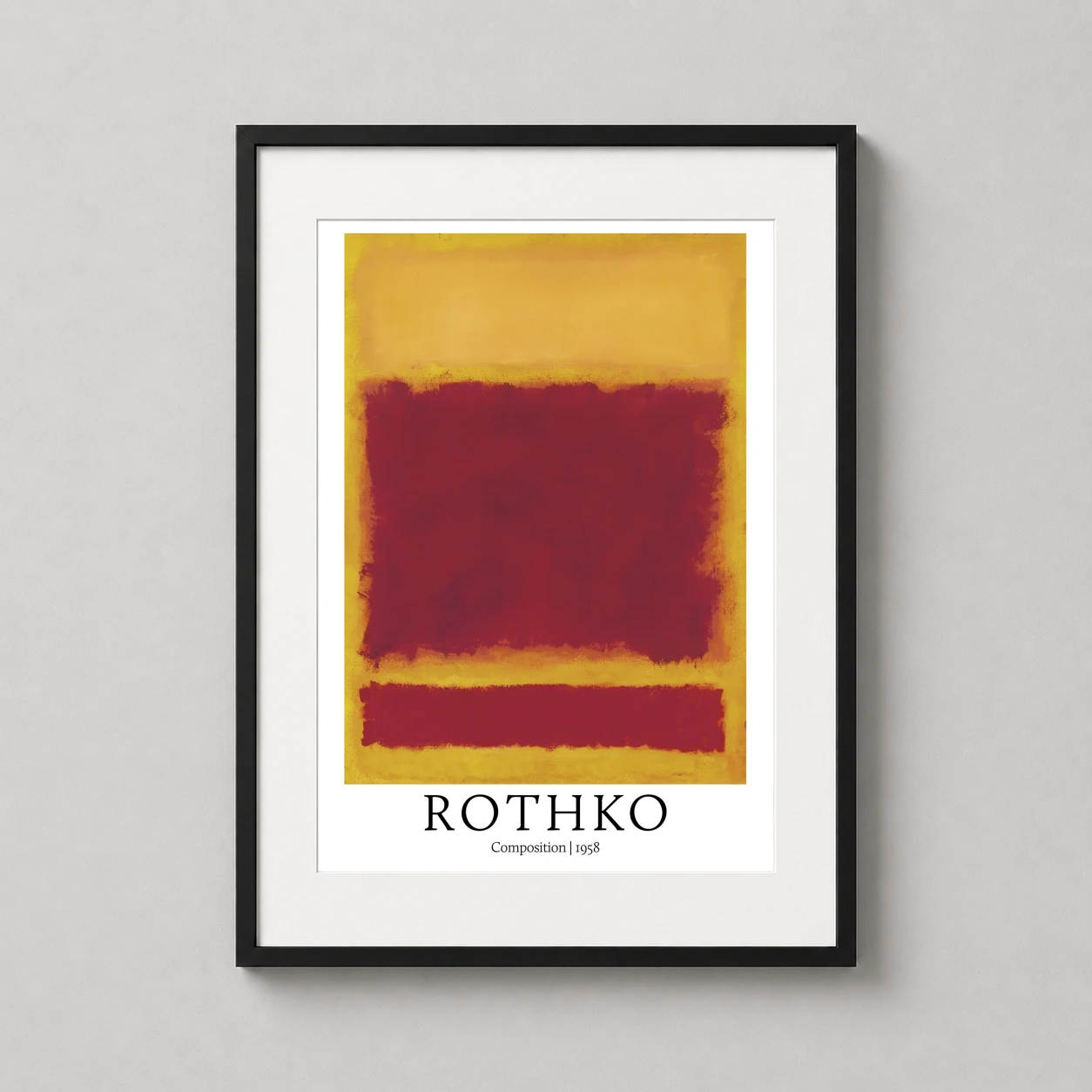 Room mockup of Mark Rothko Composition 1958 Mustard and Deep Red Art Print, displayed as framed wall art in a living room setting as a portrait print with yellow and red tones.