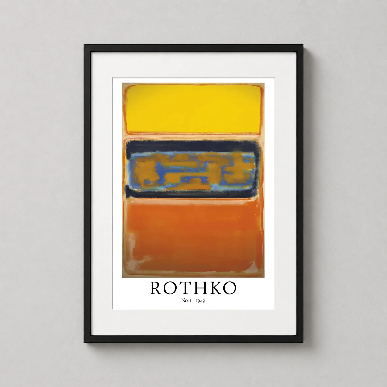 Room mockup of Mark Rothko No. 1 1949 Abstract Expressionist Art Print, displayed as framed wall art in a living room setting as a portrait print with blue, yellow, and orange tones.