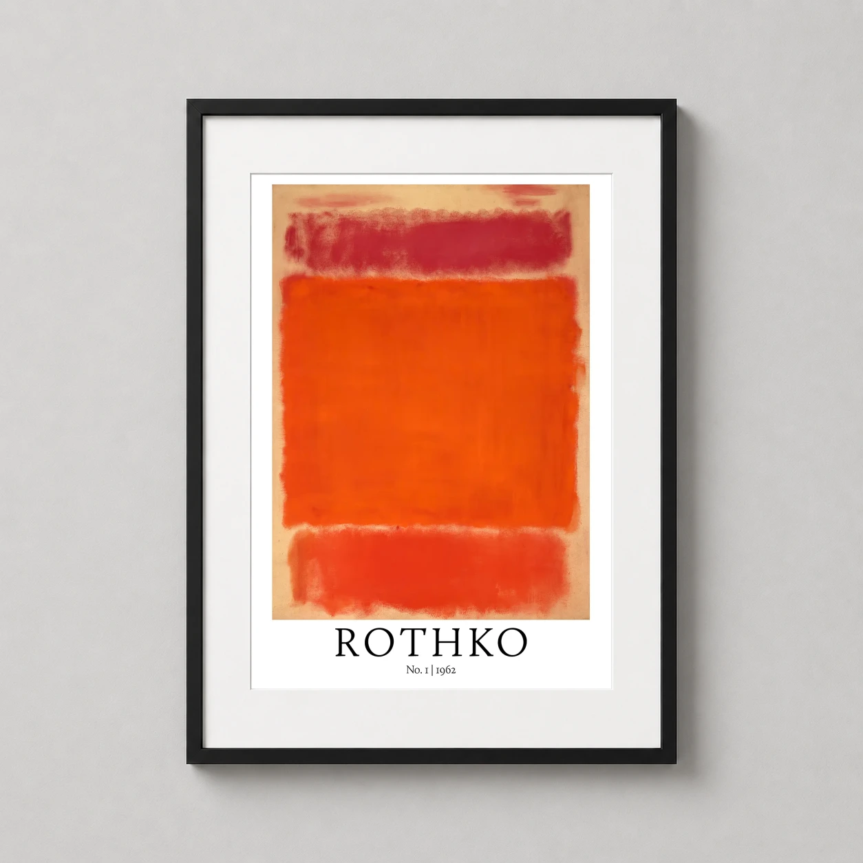 Room mockup of Mark Rothko No. 1 (1962) Abstract Expressionist Wall Art Print, displayed as framed wall art in a living room setting as a portrait print with orange and red tones.