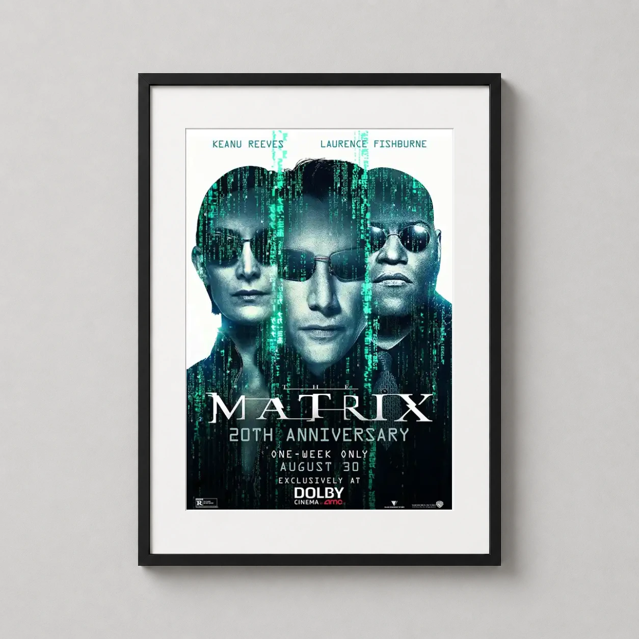 Matrix 20th Anniversary Character — dramatic portrait of Neo, Morpheus, and Trinity overlaid with the