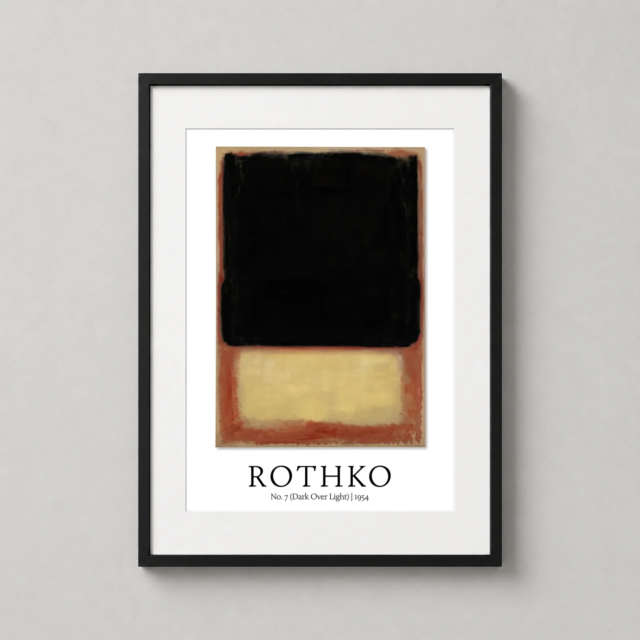 Room mockup of Mark Rothko No. 7 Dark Over Light 1954 Abstract Art Print, displayed as framed wall art in a living room setting as a portrait print with brown, cream, and black tones.