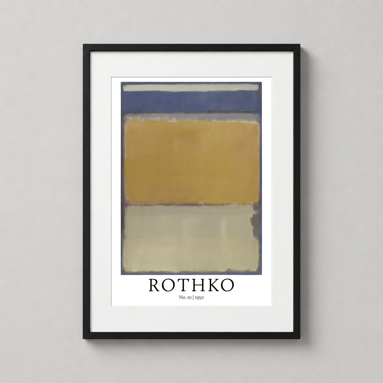 Room mockup of Mark Rothko No. 10 1950 Abstract Expressionist Art Print, displayed as framed wall art in a living room setting as a portrait print with blue, yellow, and gold tones.