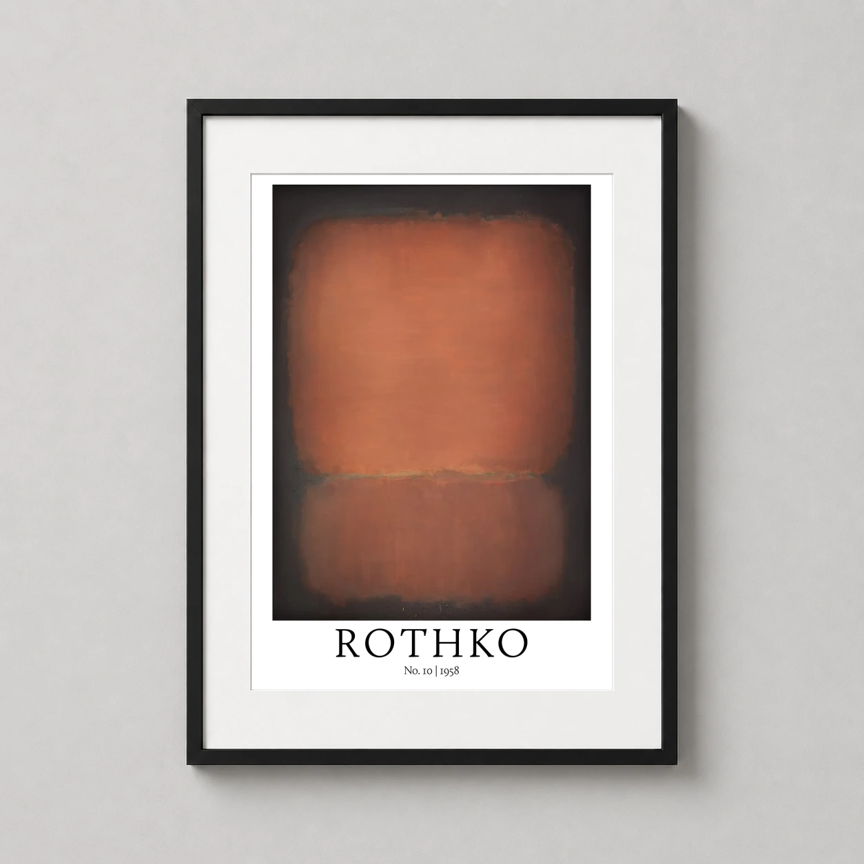 Room mockup of No. 10 1958 by Mark Rothko, Brown and Black Abstract Art Print, displayed as framed wall art in a living room setting as a portrait print with brown and black tones.