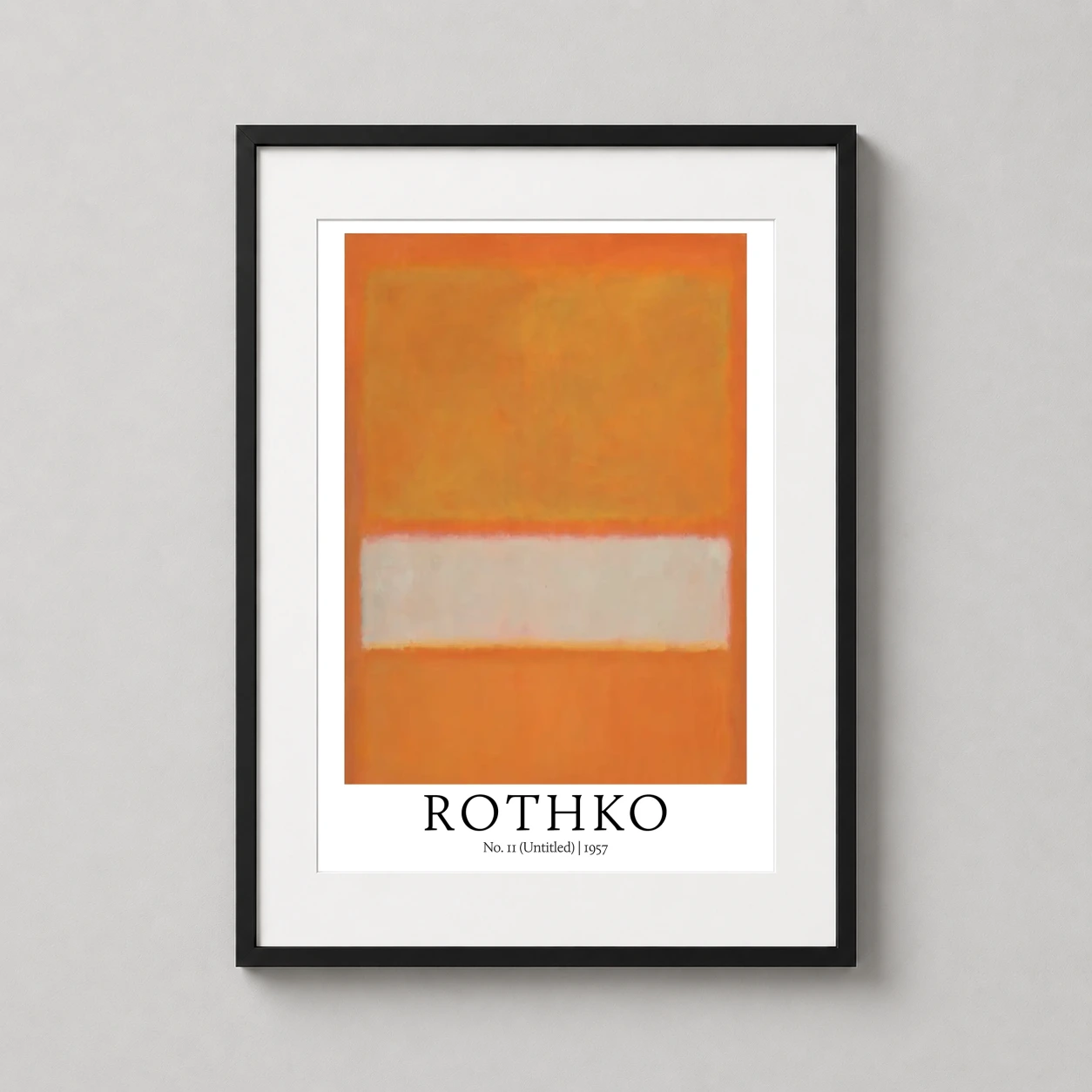 Room mockup of Mark Rothko No. 11 (Untitled) 1957 Orange and Yellow Art Print, displayed as framed wall art in a living room setting as a portrait print with yellow, orange, and white tones.