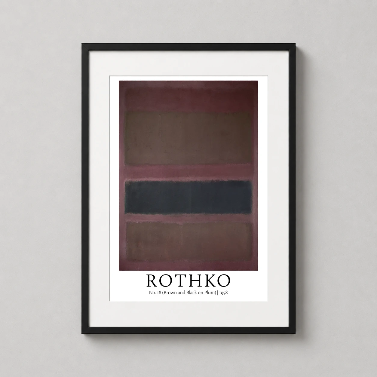 Room mockup of Rothko No. 18, Brown and Black on Plum 1958 Abstract Art Print, displayed as framed wall art in a living room setting as a portrait print with brown and black tones.