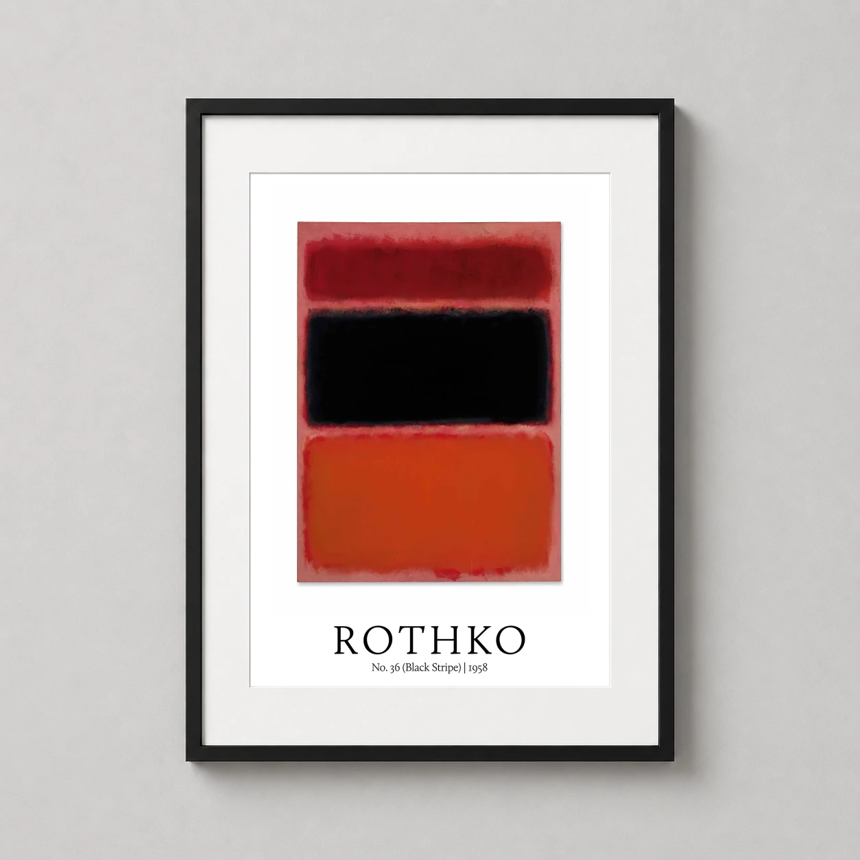 Room mockup of Mark Rothko No. 36 Black Stripe 1958 Abstract Expressionist Art Print, displayed as framed wall art in a living room setting as a portrait print with orange, red, and black tones.