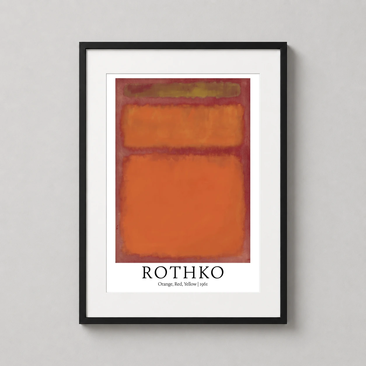 Room mockup of Mark Rothko Orange Red Yellow 1961 Abstract Expressionist Art Print, displayed as framed wall art in a living room setting as a portrait print with yellow, orange, and red tones.