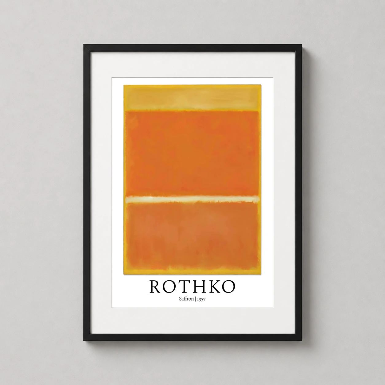 Room mockup of Mark Rothko Saffron 1957 Abstract Expressionist Art Print, displayed as framed wall art in a living room setting as a portrait print with yellow, orange, and white tones.