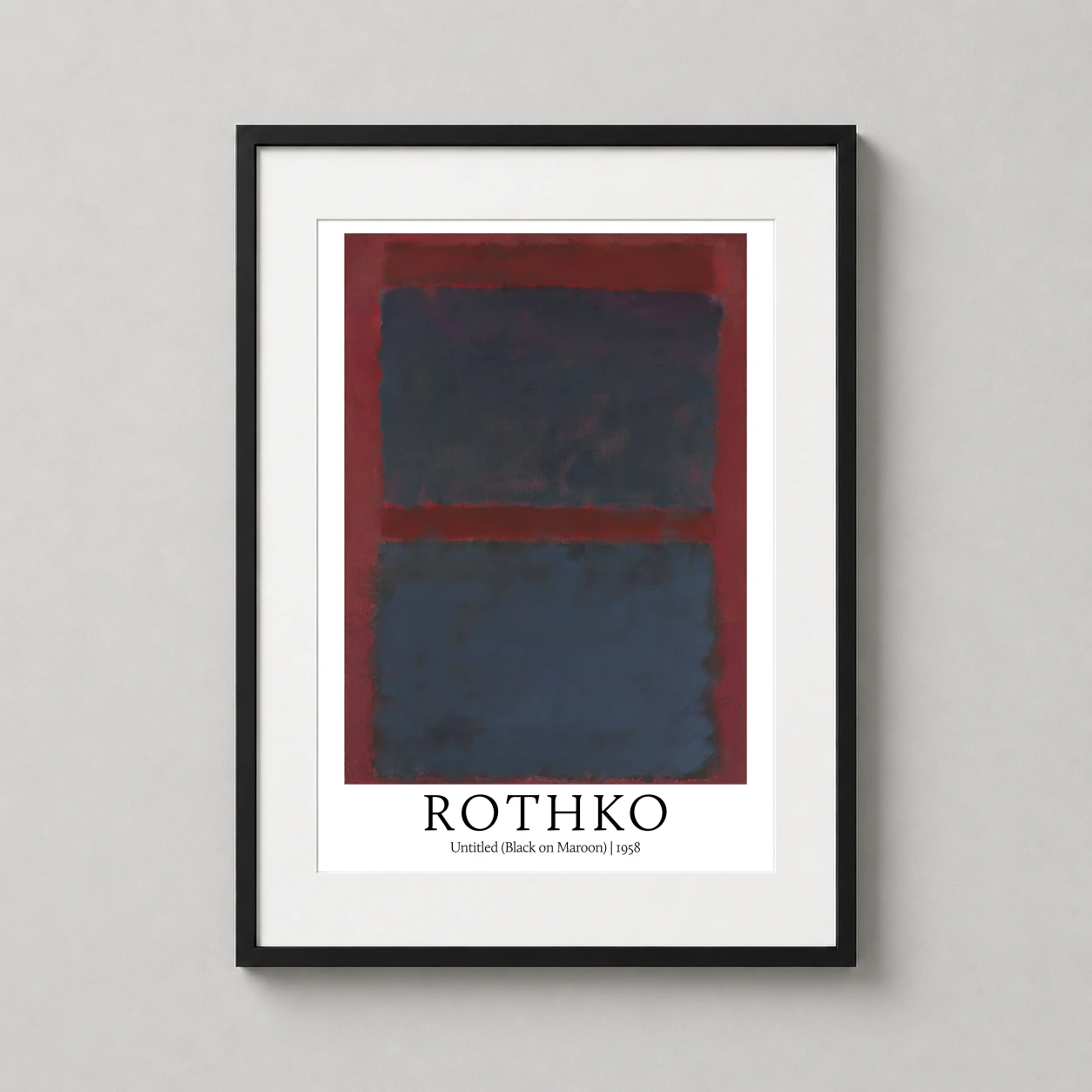 Room mockup of Rothko Untitled Black on Maroon 1958 Expressionist Art Print, displayed as framed wall art in a living room setting as a portrait print with red and black tones.