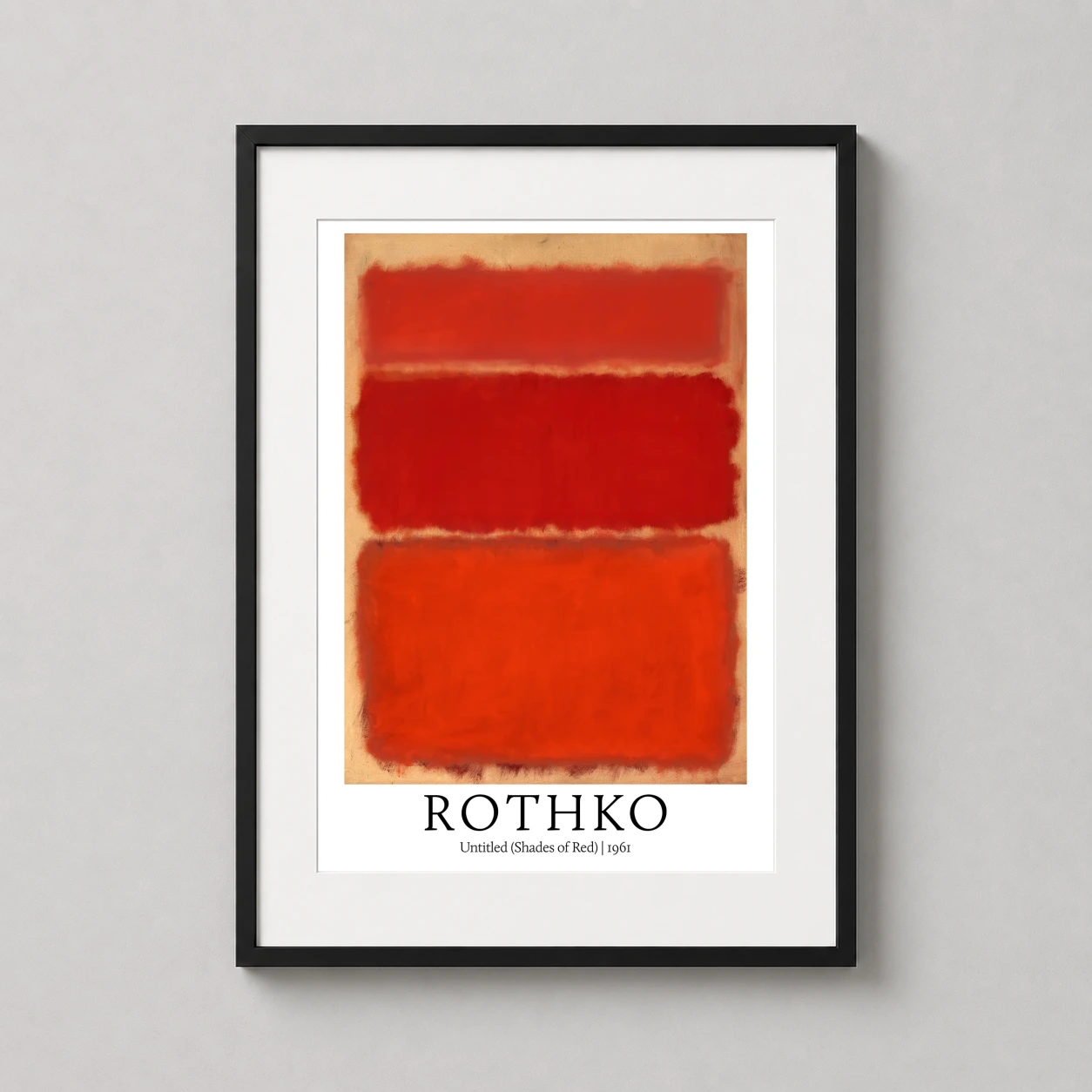 Room mockup of Rothko Untitled Shades of Red 1961 Abstract Wall Art Print, displayed as framed wall art in a living room setting as a portrait print with orange, red, and beige tones.