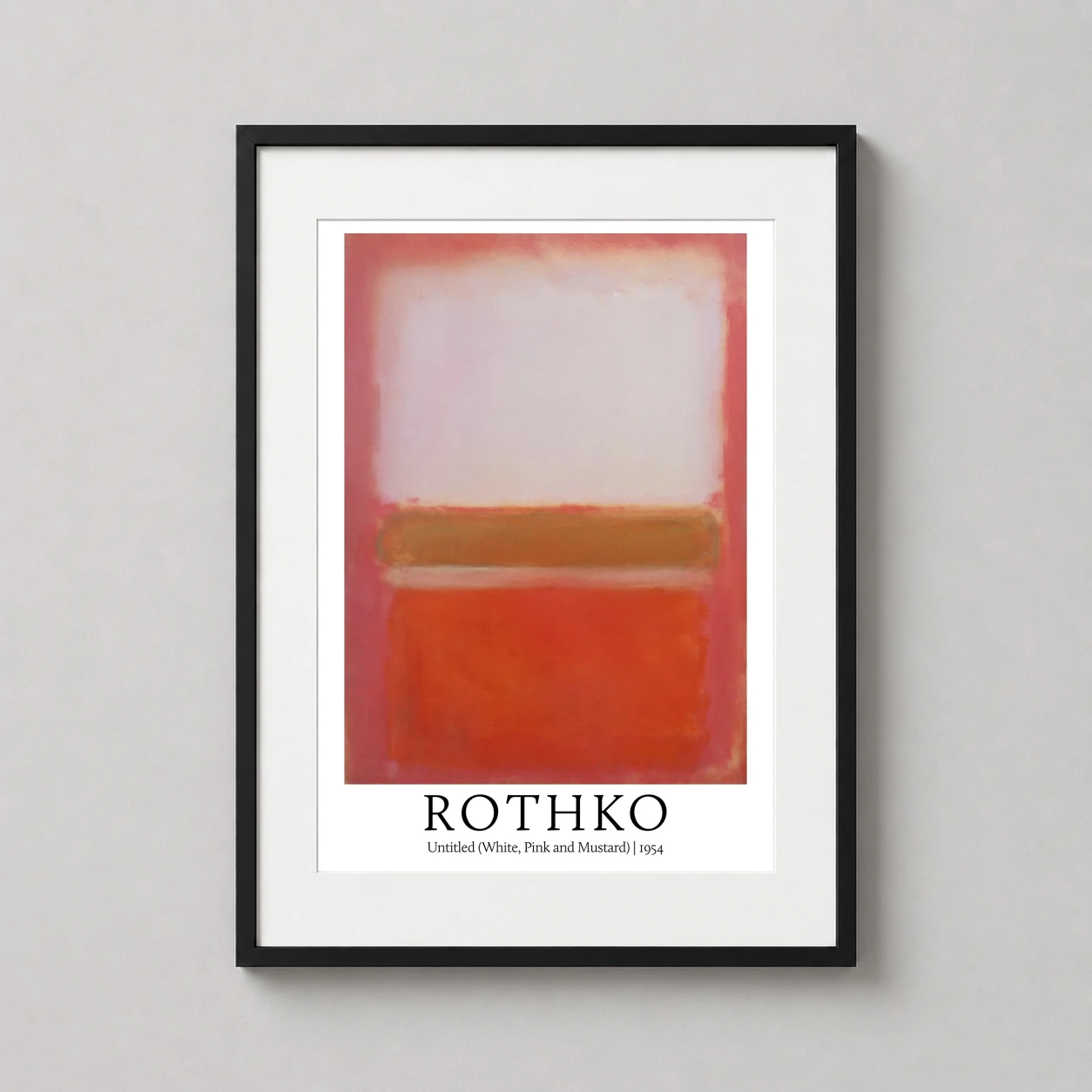 Room mockup of Mark Rothko Untitled White Pink and Mustard 1954 Abstract Art Print, displayed as framed wall art in a living room setting as a portrait print with yellow, gold, and pink tones.